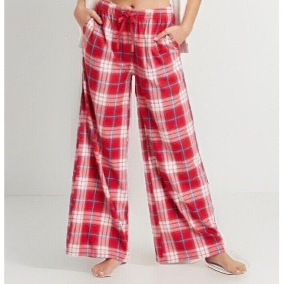 Colsie Women Holiday Red Plaid Woven Wide Leg Drawstring Pajama Comfy Pants NEW! - Picture 2 of 8